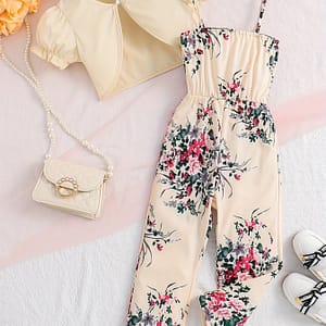 Girls 2pcs Camisole Jumpsuit Onesie & Puff Short Sleeve Coat Set Floral Print Elegant Casual Clothes Summer Clothing Shop Online at Dubai Trades