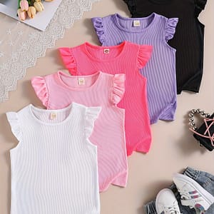 Girls’ 5pcs/set Casual & Trendy Solid Colored Flutter Sleeve T-shirts For , Girls’ Ribbed Clothes For Outdoor Activities Clothing Shop Online at Dubai Trades 2