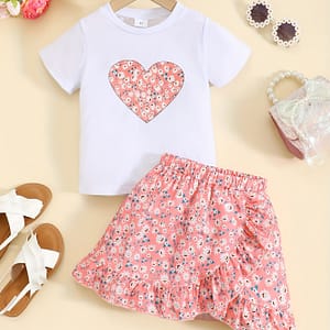 Girls’ Summer Fashion Set With Round Neck Short Sleeve Top With Hot Stamping Print And Half-moon Lace Short Skirt, Girls’ Fashion Two-piece Set Clothing Shop Online at Dubai Trades