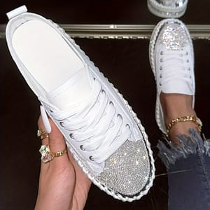 Glittering Rhinestone Women’s Sneakers, Fashionable Platform Casual Shoes, Comfortable Versatile White Lace-up Flats Plus Size Clothing, Shoes & Jewelry Shop Online at Dubai Trades