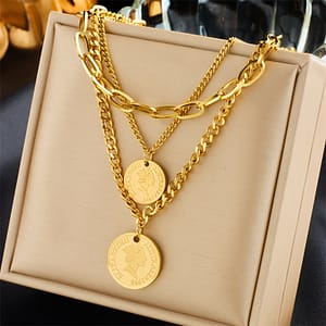Golden Three-layer Chain Necklace Featuring A Stainless Steel Coin Pendant, Designed As A Fashionable Charm For Both Men And Women, Perfect As A Gift. Clothing, Shoes & Jewelry Shop Online at Dubai Trades