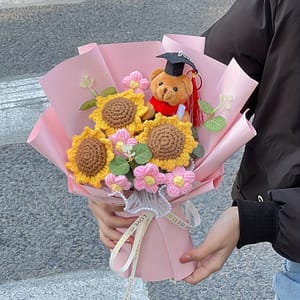 Graduation Teddy Bear Sunflower Bouquet – Handmade Knitted Fabric Flowers For Reunion, Home Decor, Birthday & Graduation Gifts Artificial Flowers Shop Online at Dubai Trades