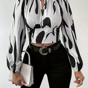 Graphic Print Mock Neck Crop Blouse, Elegant Long Sleeve Cut Out Shirred Blouse, Women’s Clothing Blouses Shop Online at Dubai Trades