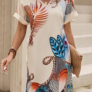 Graphic Print V Neck Dress, Vintage Short Sleeve Dress For , Women’s Clothing Clothing Shop Online at Dubai Trades
