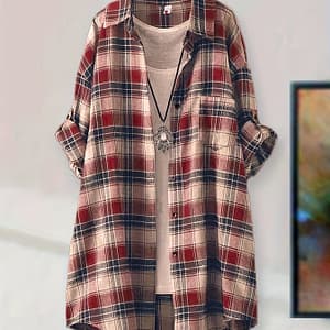 Green & Beige Plaid Mid-length Shirt – Casual, Loose Fit With Collar, Machine Washable Polyester, Ideal For Blouses Shop Online at Dubai Trades