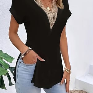 Guipure Lace V-neck Split T-shirt, Vintage Short Sleeve T-shirt For , Women’s Clothing Clothing Shop Online at Dubai Trades