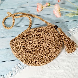 Handmade Woven Round Straw Bag, Boho Tassel Decor Crossbody Bag, Fashion Hollow Out Beach Bag For Travel Holiday Clothing, Shoes & Jewelry Shop Online at Dubai Trades