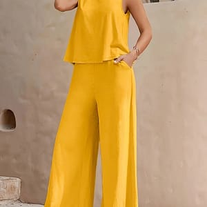 He Shan Dingxiang Lin Zuojia + Ladies’ Elegant Off-shoulder Round Neck Sleeveless Vest Loose Wide-leg Pants Set Clothing Shop Online at Dubai Trades