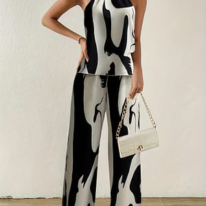 He Shan Lin Zuojia – Fashionable And Elegant Vacation Print Neck Strapless Vest And Trousers Clothing Shop Online at Dubai Trades