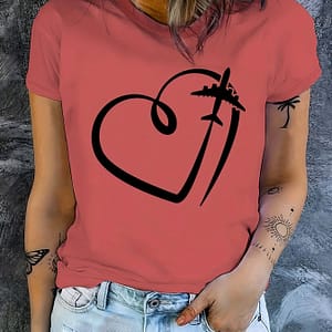 Heart & Airplane Graphic Print T-shirt, Short Sleeve Crew Neck Casual Top For Summer & Spring, Women’s Clothing Clothing Shop Online at Dubai Trades