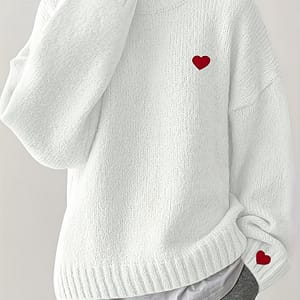 Heart Pattern Drop Shoulder Sweater, Crew Neck Long Sleeve Pullover Sweater For Winter & Fall, Women’s Clothing Clothing Shop Online at Dubai Trades
