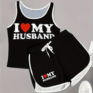 Heart Print Drawstring Contrast Trim Two-piece Set, Casual Sleeveless Tank Top & Shorts Outfits, Women’s Clothing Clothing Shop Online at Dubai Trades