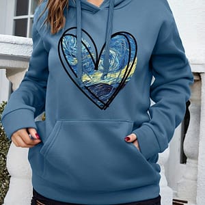 Heart Print Kangaroo Pocket Hoodie, Casual Long Sleeve Drawstring Hoodie Sweatshirt, Women’s Clothing Clothing Shop Online at Dubai Trades