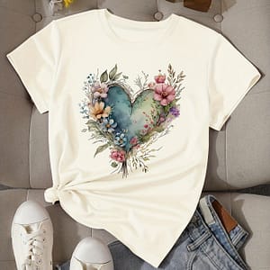 Heart Print T-shirt, Short Sleeve Crew Neck Casual Top For Summer & Spring, Women’s Clothing Clothing Shop Online at Dubai Trades