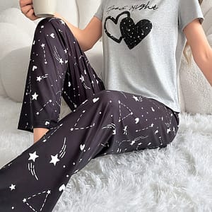 Heart & Star & Letter Print Pajama Set, Casual Short Sleeve Round Neck Top & Elastic Pants, Women’s Sleepwear Clothing Shop Online at Dubai Trades