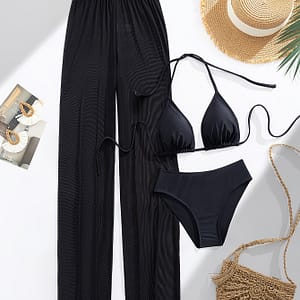 High-waisted Mesh Beach Wide-leg Pants Sun Protection Sexy Bikini Three-piece Set Bikinis Shop Online at Dubai Trades