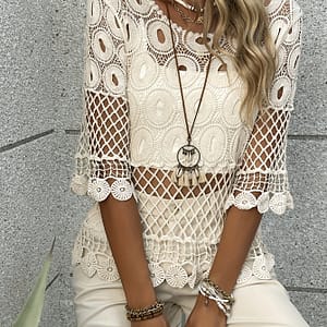 Hollow Out Crochet Pullover Top, Crew Neck Half Sleeve Top For , Women’s Clothing Clothing Shop Online at Dubai Trades