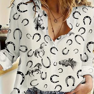 Horse Print Button Front Shirt, Casual Long Sleeve Shirt For Spring & Fall, Women’s Clothing Blouses Shop Online at Dubai Trades