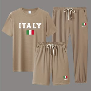 Italy Men’s 3-piece Casual Sports Set, Short Sleeve Round Neck T-shirt And Shorts And Pants Set, Breathable Summer Clothing Active Shop Online at Dubai Trades