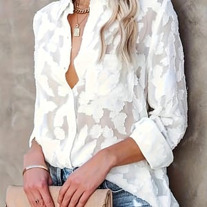 Jacquard Button Up Sheer Loose Blouse, Elegant Long Sleeve Blouse For Spring & Fall, Women’s Clothing Blouses Shop Online at Dubai Trades