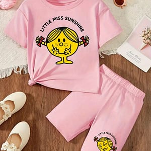 Kids Cartoon Print Short Sleeve T-shirt And Shorts Set, Casual Summer Outfit For Girls, Polyester Knit Fabric With Slight Stretch, Regular Fit, 1-8, For Outdoor Clothing Shop Online at Dubai Trades
