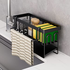 Kitchen Sink Organizer With Towel Rack – Metal Sponge Holder, Dish Soap Caddy & Self-draining Tray – Dish Cloth & Sponge Holders Shop Online at Dubai Trades