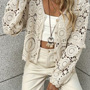 Lace Button Front Top, Casual V Neck Long Sleeve Blouse For Spring & Fall, Women’s Clothing Blouses Shop Online at Dubai Trades