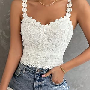 Lace Neck Tank Top, Casual Sleeveless Tank Top For Summer, Women’s Clothing Clothing Shop Online at Dubai Trades