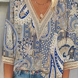 Lace Paisley Print Top, Vintage V-neck 3/4 Sleeve Top For Spring & Fall, Women’s Clothing Clothing Shop Online at Dubai Trades
