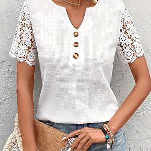 Lace Splicing Notched Neck T-shirt, Casual Button Decor T-shirt For , Women’s Clothing Clothing Shop Online at Dubai Trades