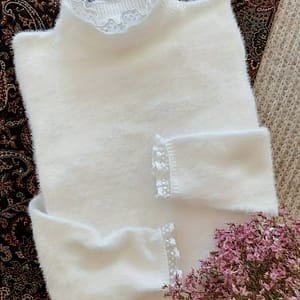 Lace-trimmed Mock Neck Sweater – Long Sleeve, 100% Polyester Knit For Women, Clothing Shop Online at Dubai Trades