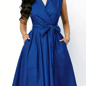Lapel Collar Solid Belted Dress, Elegant Sleeveless Dual Pockets Dress For , Women’s Clothing Clothing Shop Online at Dubai Trades