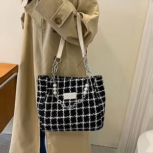 Large Capacity Plaid Bucket Bag, Pearl Chain Fashionable Handbag, Women’s Elegant Shoulder Bag Clothing, Shoes & Jewelry Shop Online at Dubai Trades