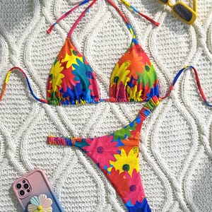 Large Flower European And Trade Split Swimwear For Women Cartoon Printed Hanging Neck Fashion And Swimsuit Bikinis Shop Online at Dubai Trades