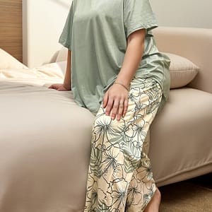 Large Size Women’s Casual Green Solid Color T-shirt And Elegant Floral Long Pants Pajama Set Clothing, Shoes & Jewelry Shop Online at Dubai Trades