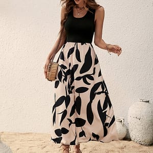 Leaf Neck Splicing Dress, Elegant Sleeveless Dress For , Women’s Clothing Clothing Shop Online at Dubai Trades