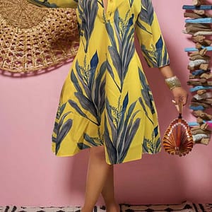 Leaf Print Half Button Dress, Casual 3/4 Sleeve Trapeze Dress For Spring & Fall, Women’s Clothing Clothing Shop Online at Dubai Trades 2
