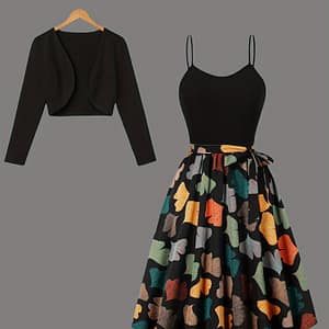 Leaf Print Pleated Elegant Set, Open Front Long Sleeve Cardigan & Backless Sleeveless Belted Cami Dress, Women’s Clothing Clothing Shop Online at Dubai Trades