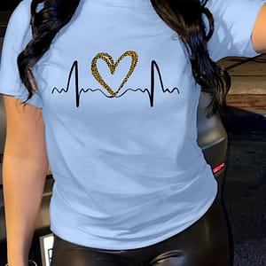 Leopard Heart Print Comfy T-shirt, Round Neck Short Sleeve Sports Tee, Women’s Activewear Active Shop Online at Dubai Trades