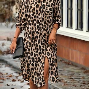 Leopard Print Button Front Shirt Dress, Elegant Roll Up Sleeve Dress For Spring & Fall, Women’s Clothing Clothing Shop Online at Dubai Trades