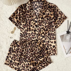 Leopard Print Satin Pajama Set, Casual Short Sleeve Buttons Lapel Top & Elastic Shorts, Women’s Sleepwear Clothing Shop Online at Dubai Trades