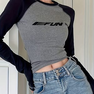 Letter Neck T-shirt, Casual Raglan Sleeve Top For Spring & Fall, Women’s Clothing Clothing Shop Online at Dubai Trades