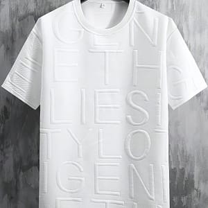 Letter Pattern Textured And Knit Men’ Color Short Sleeve Crew Neck T-shirt, Trendy And Chic Tops For Men, For Summer Active Shop Online at Dubai Trades