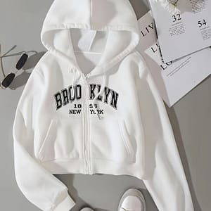 Letter Print Drawstring Sweatshirt Jacket, Full Zipper Fleece Liner Hooded Coat, Women’s Activewear – Fall & Winter Active Shop Online at Dubai Trades