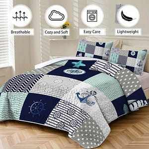 Lightweight Nautical & Checkered Pattern Quilt Set – Queen/king Size, Woven Polyester Bedspread With 2 Pillowcases, Cozy & Bed Cover Set For Bedroom Decor – Machine Washable Bedding Shop Online at Dubai Trades