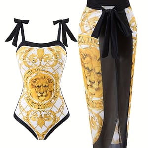 Lion Print Elegant 2 Piece Swimsuits, Bowknot Shoulder Stretchy One-piece Bathing-suit & Mesh Cover Up Skirt, Women’s Swimwear & Clothing For Holiday For Koningsdag/ Clothing Shop Online at Dubai Trades
