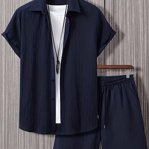 Loose Solid Color Button-up Short-sleeve Shirt Set For Men Active Shop Online at Dubai Trades