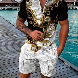 Luxury Pattern Men’s 2pcs Outfits Lapel Shirt & Shorts Set, Casual Short Sleeve Lapel Shirt And Loose Drawstring Shorts Set, Men’s Clothing Active Shop Online at Dubai Trades