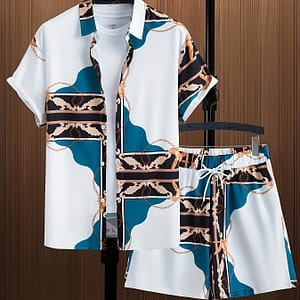 Luxury Pattern Print, Men’s 2pcs Outfits, Casual Camp Collar Lapel Button Up Short Sleeve Shirts And Drawstring Shorts Set For Summer, Men’s Clothing Active Shop Online at Dubai Trades