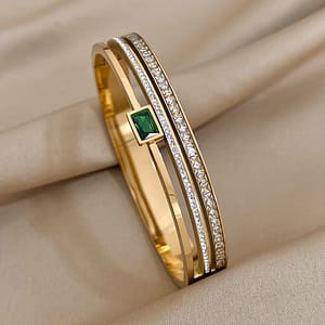 Luxury Stainless Steel Cuff Bracelet Bangle,for Women Men Golden Waterproof Bracelets,green White Rhinestone Wide Bangle Jewelry Giftnew Year’s Gifts Valentine’s Day Gifts Bangle Shop Online at Dubai Trades
